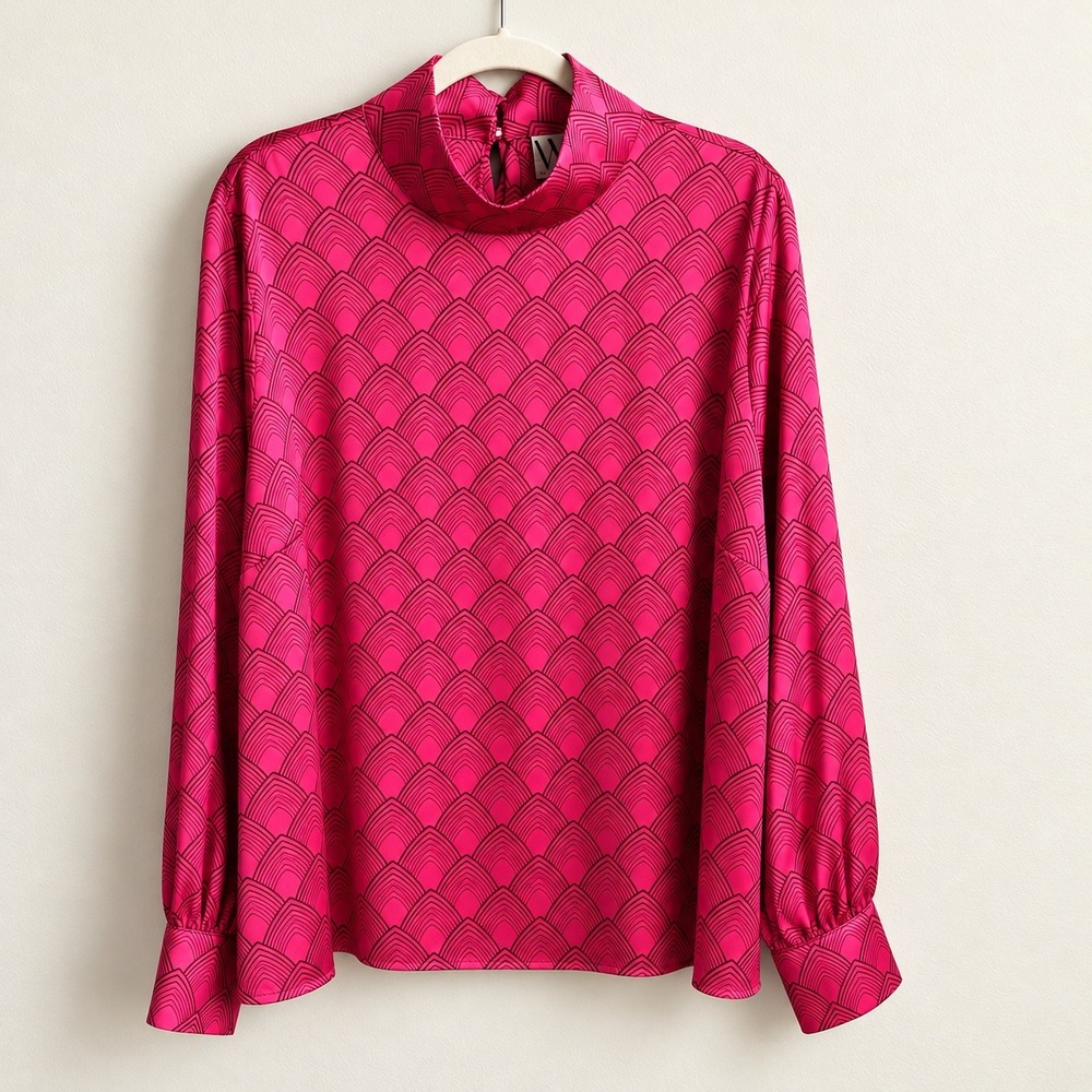 Retro Feminine Blouse Women's 2X Pink Brown Satin Art Deco Feminine Mod Office